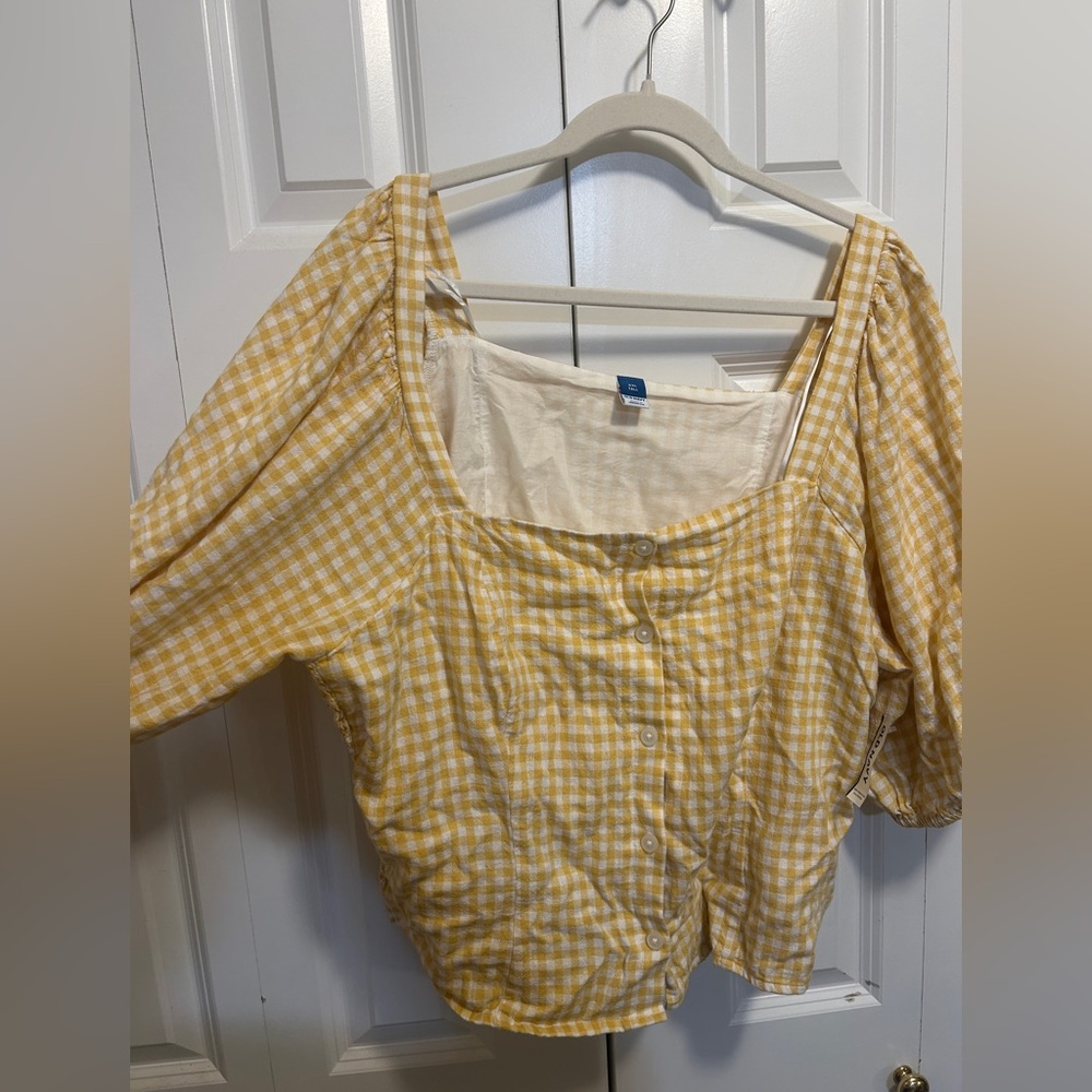 Puff-Sleeve Linen-Blend Yellow Gingham Button-Up Top, with tags, XXL